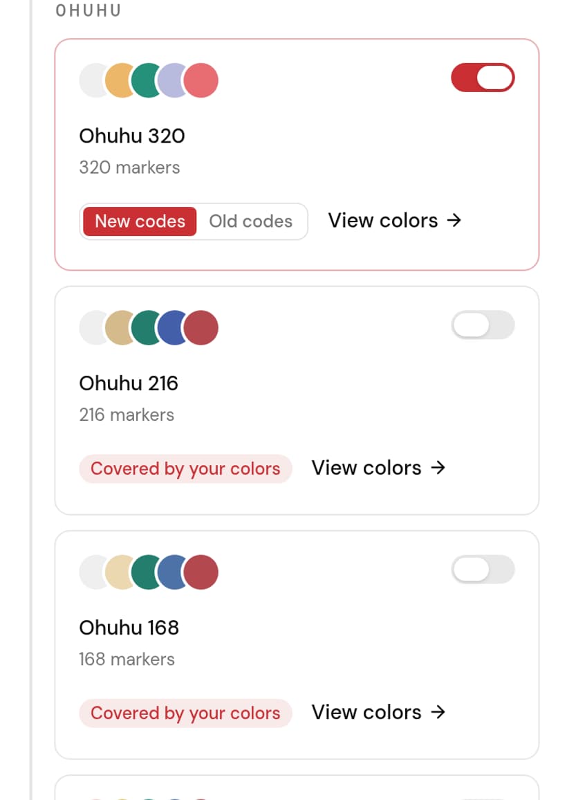 Tela de coleção do ColorShelf: o catálogo de estojos Ohuhu, cada um com um controle para marcar como possuído e um selo quando suas cores já estão cobertas por outro estojo
