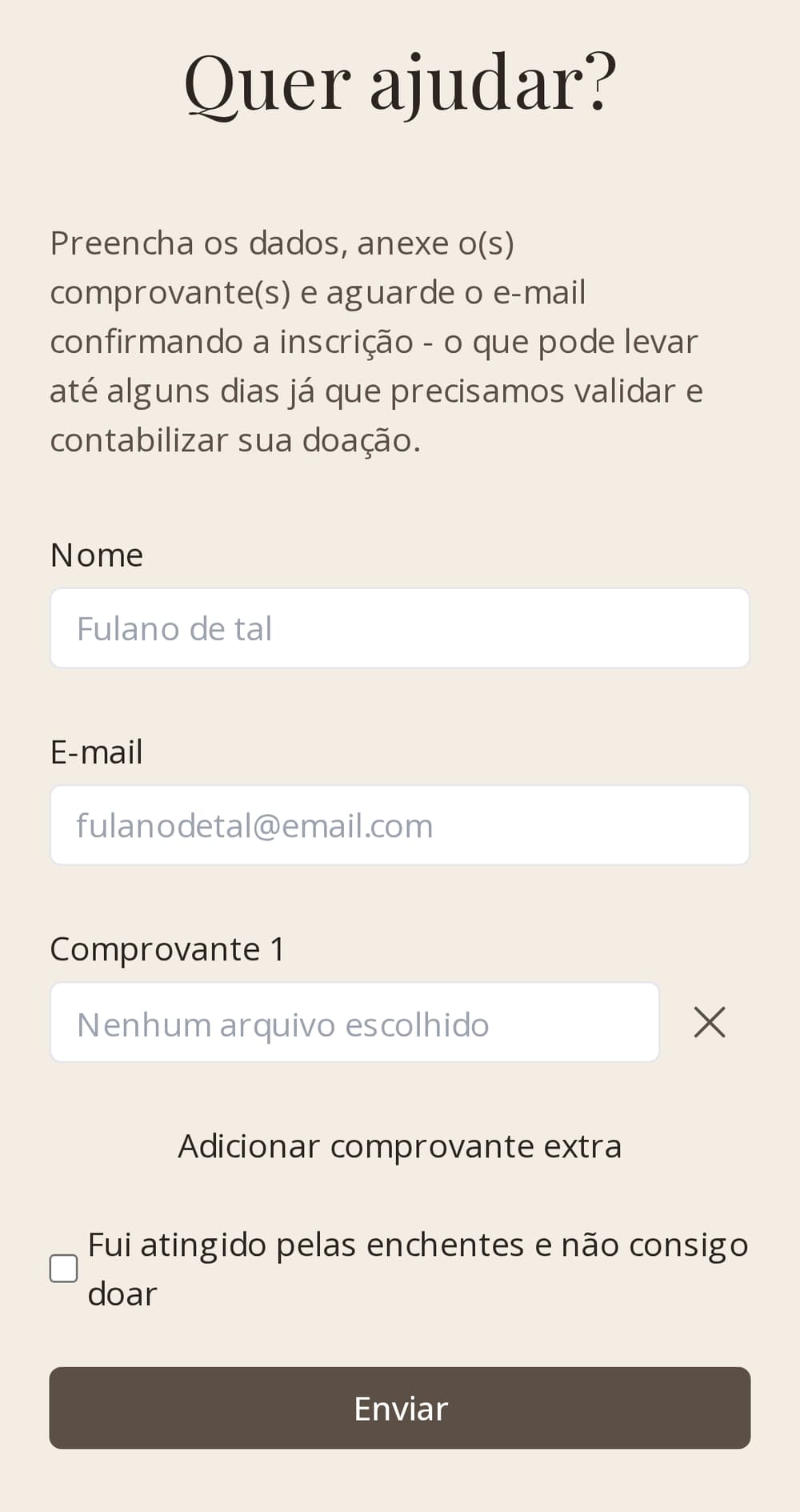 Formulário de doação com campos de nome, e-mail e anexo de comprovante, e um botão para adicionar comprovante extra