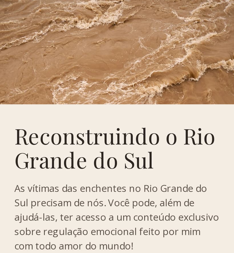 Topo do site: fotografia aérea da água barrenta da enchente sobre o título, em serifa, Reconstruindo o Rio Grande do Sul